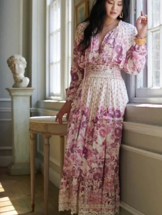 HEMANT & NANDITA Suki Maxi Dress Pink Floral Lace Boho Romantic Cottagecore S - Picture 1 of 13